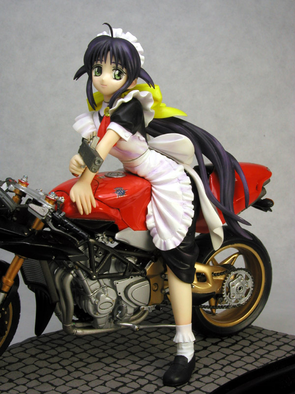andou mahoro, mahoromatic, vehicle, photo (medium), blue hair, figure, green eyes, gun, maid, motor vehicle, motorcycle, weapon
