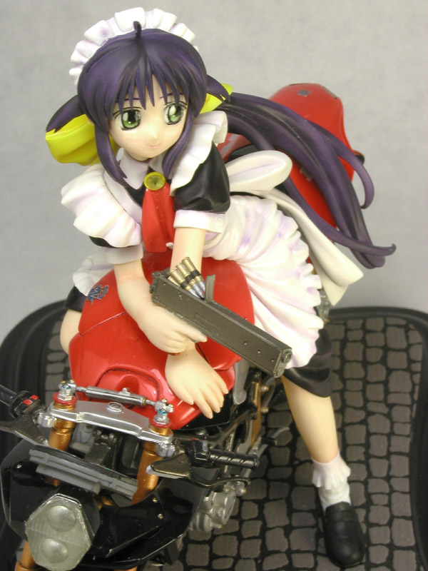 andou mahoro, mahoromatic, vehicle, photo (medium), blue hair, figure, green eyes, gun, maid, motor vehicle, motorcycle, weapon