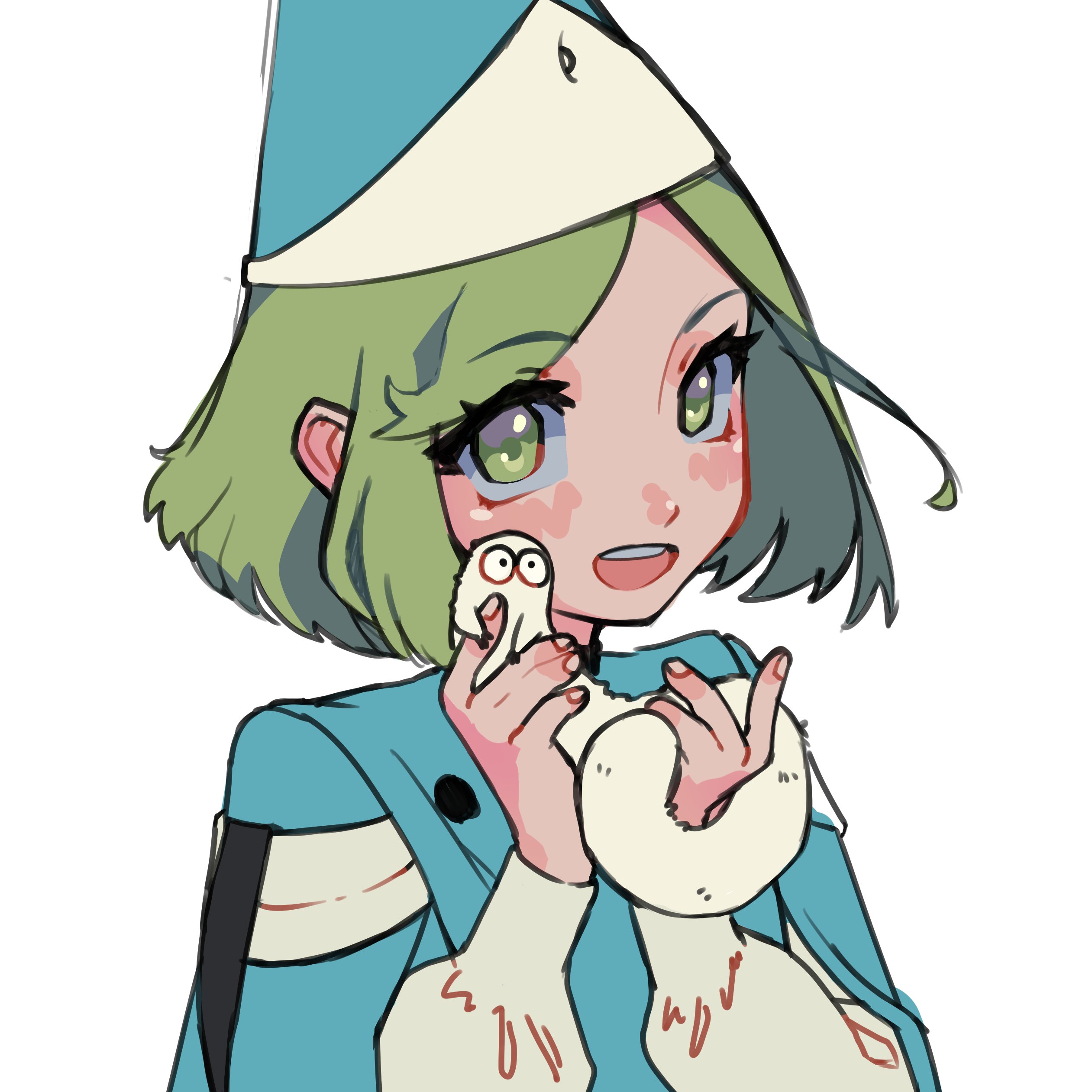 kiwichy, brushbuddy, coco (tongari boushi no atelier), tongari boushi no atelier, absurdres, commentary, english commentary, highres, 1girl, animal, green eyes, green hair, hat, holding, holding animal, open mouth, qifrey's atelier apprentice uniform, simple background, white background, witch hat