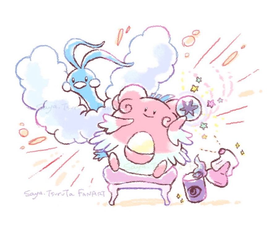 tsuruta saya, altaria, blissey, nintendo, pokemon, pokemon tcg, commentary request, artist name, closed mouth, egg, energy (pokemon tcg), gen 2 pokemon, gen 3 pokemon, holding, no humans, pokemon (creature), pokemon focus, potion (pokemon), simple background, sitting, smile, star (symbol), white background