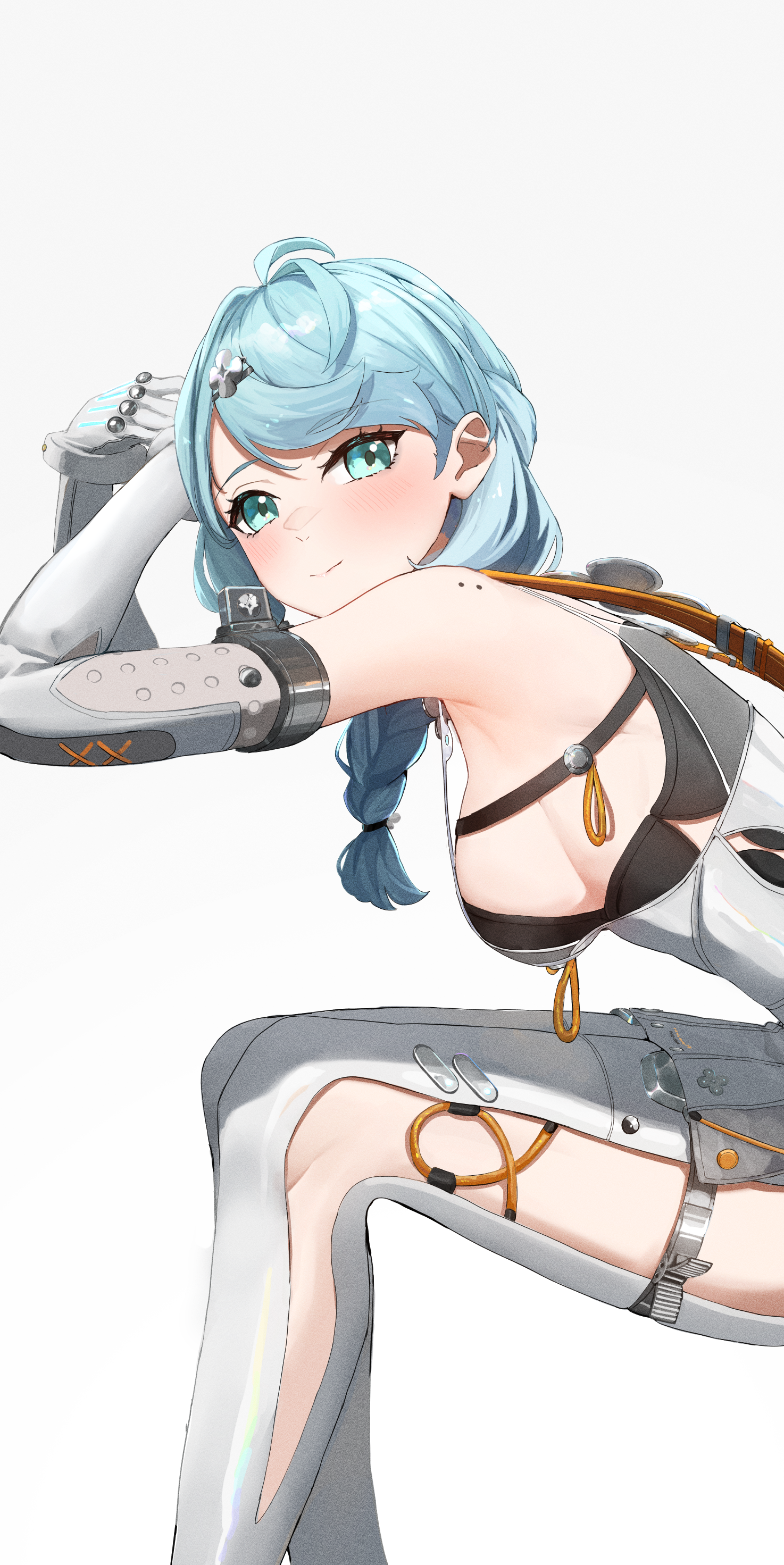 ailushin, seed (zenless zone zero), zenless zone zero, absurdres, commentary, english commentary, highres, 1girl, ahoge, bare shoulders, blue eyes, blue hair, braid, breasts, elbow gloves, feet out of frame, gloves, grey background, grey gloves, hair ornament, invisible chair, long hair, looking at viewer, mole, mole on shoulder, sideboob, simple background, sitting, smile, solo