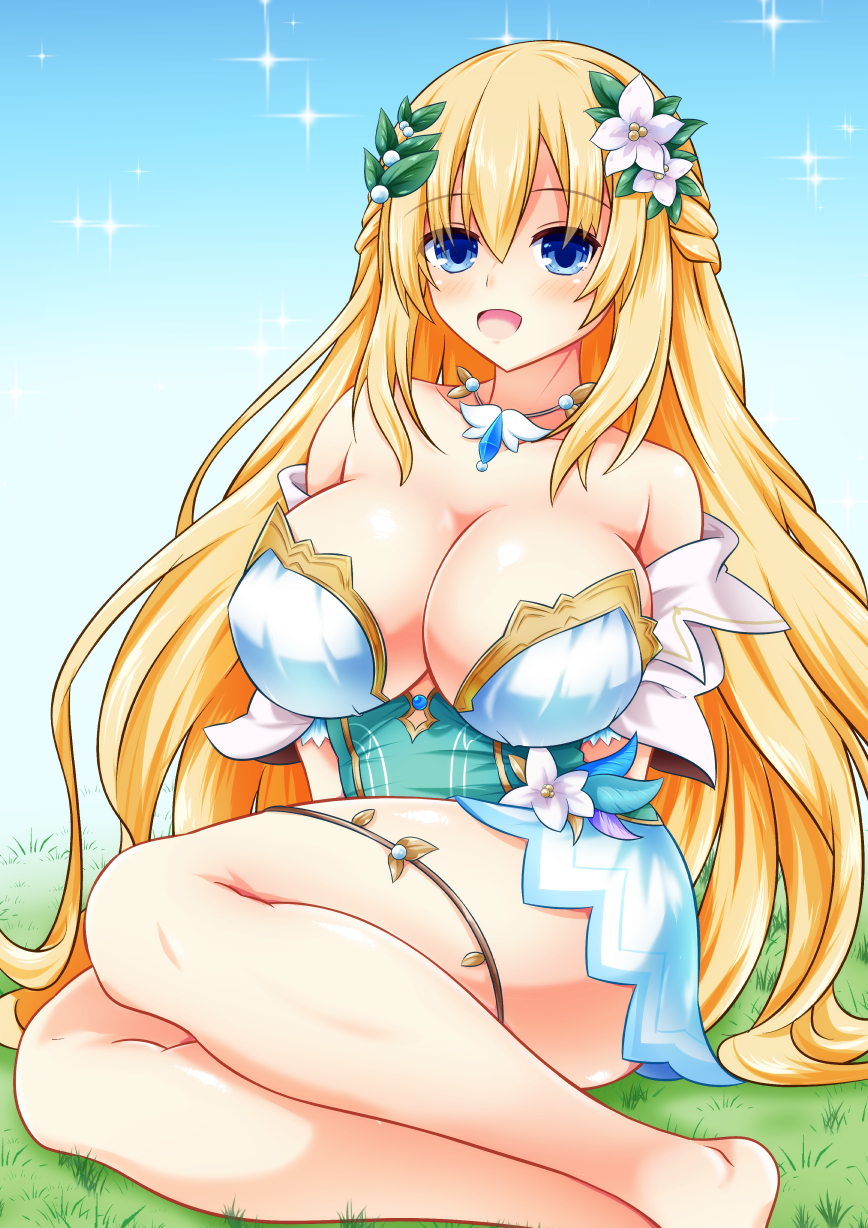 vert (neptunia), four goddesses online: cyber dimension neptune, neptune (series), highres, 1girl, arm support, barefoot, blonde hair, blue eyes, breasts, cleavage, dress, feet, large breasts, legs, looking at viewer, open mouth, sitting, smile, thick thighs, thighs, tongue