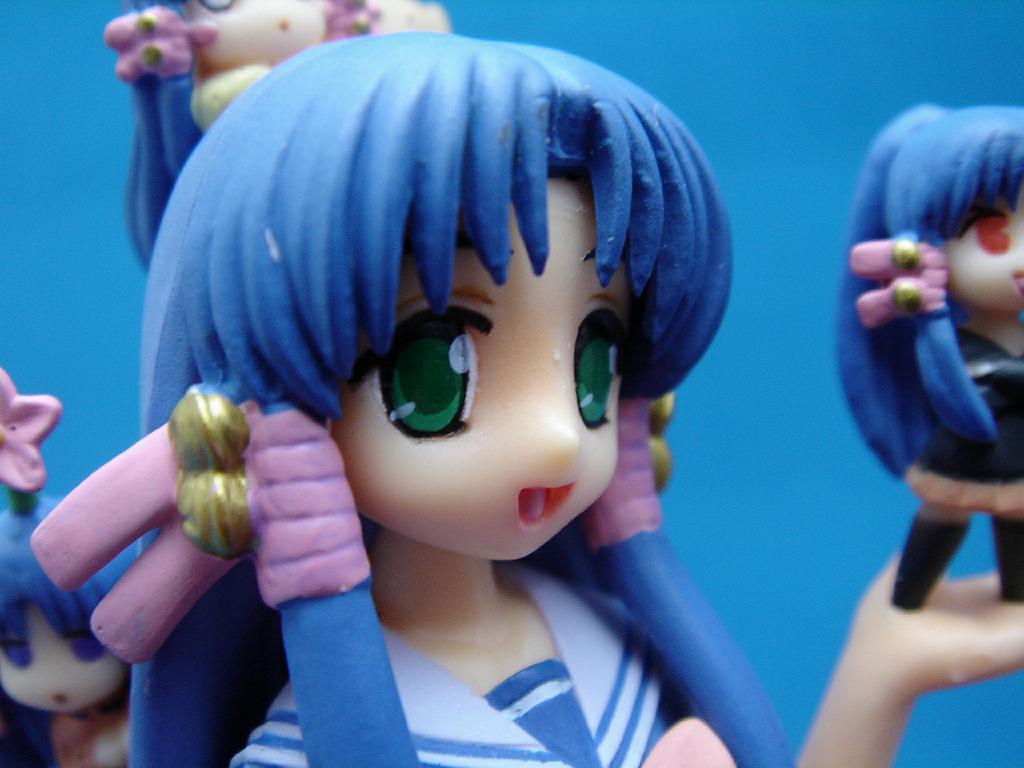 akasaka saki, aoba kozue, konno natsume, mahoraba, photo (medium), 00s, 4girls, blue eyes, blue hair, female focus, figure, green eyes, multiple girls, red eyes, school uniform, serafuku