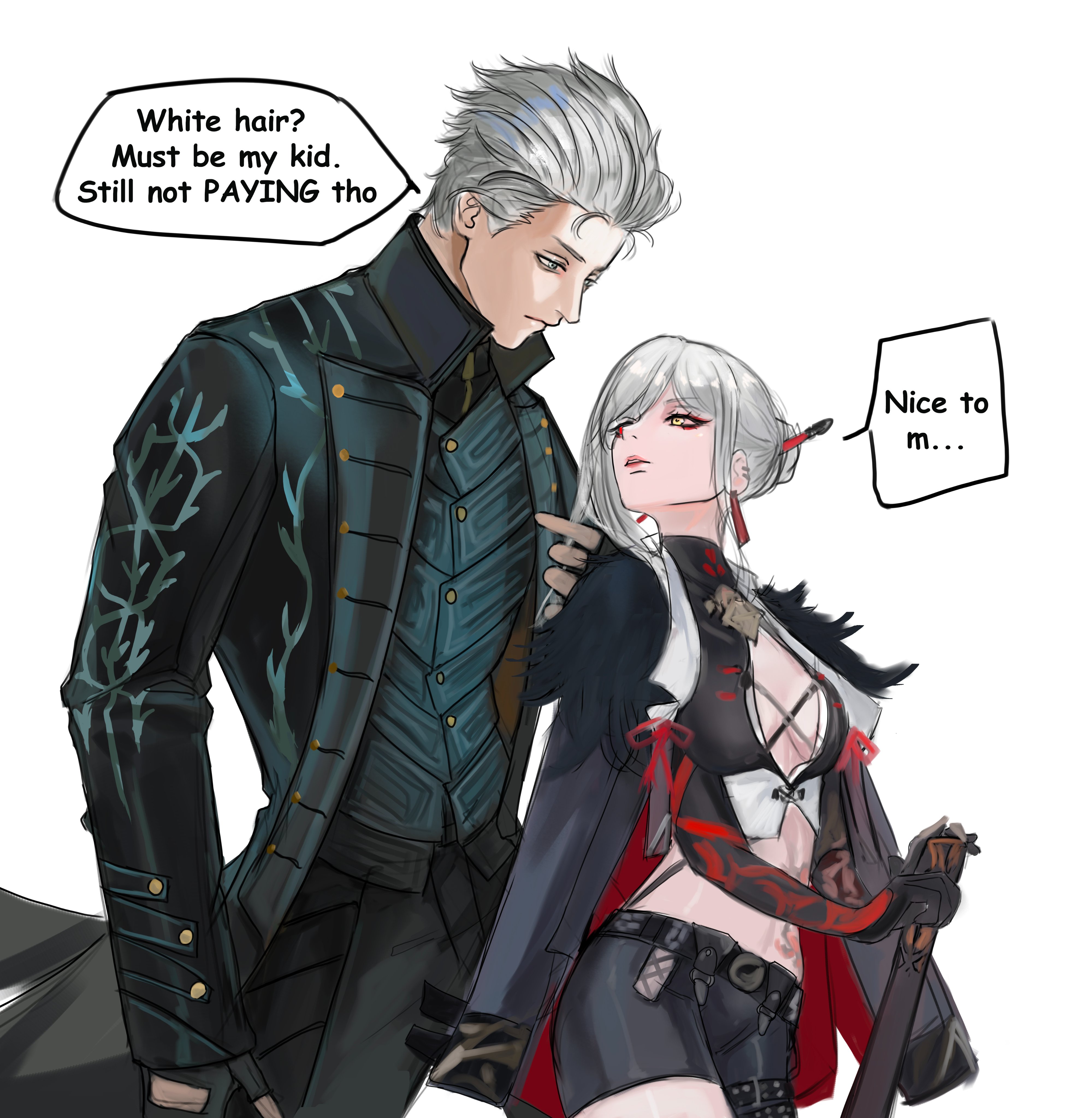 henoopd, alpha: crimson weave (tsubaki) (pgr), alpha (pgr), vergil (devil may cry), devil may cry (series), devil may cry 5, punishing: gray raven, absurdres, highres, 1boy, alternate costume, asymmetrical legwear, black gloves, blue coat, blue eyes, breasts, cleavage, closed mouth, coat, fingerless gloves, fur trim, gloves, grey hair, hair between eyes, hair ornament, hair slicked back, heterochromia, holding, holding sword, holding weapon, jacket, large breasts, navel, official alternate costume, red eyes, short hair, simple background, smile, stomach tattoo, sword, tattoo, weapon, white hair, yellow eyes