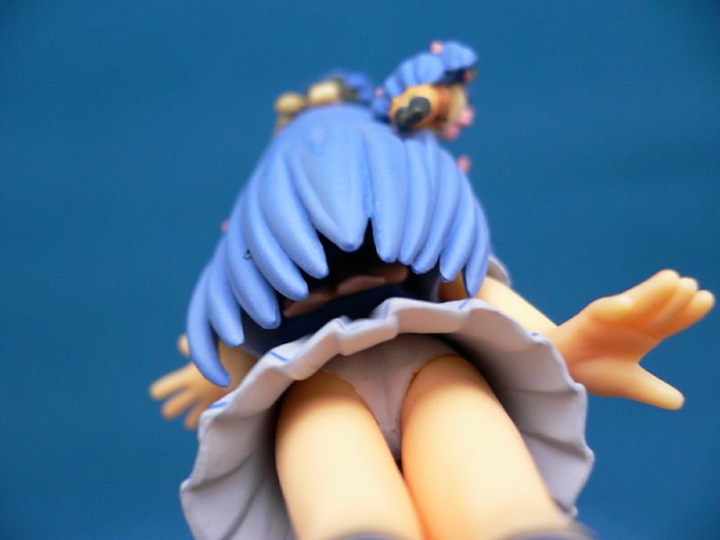 aoba kozue, mahoraba, photo (medium), 00s, 1girl, blue hair, female focus, figure, gradient background, panties, solo, underwear