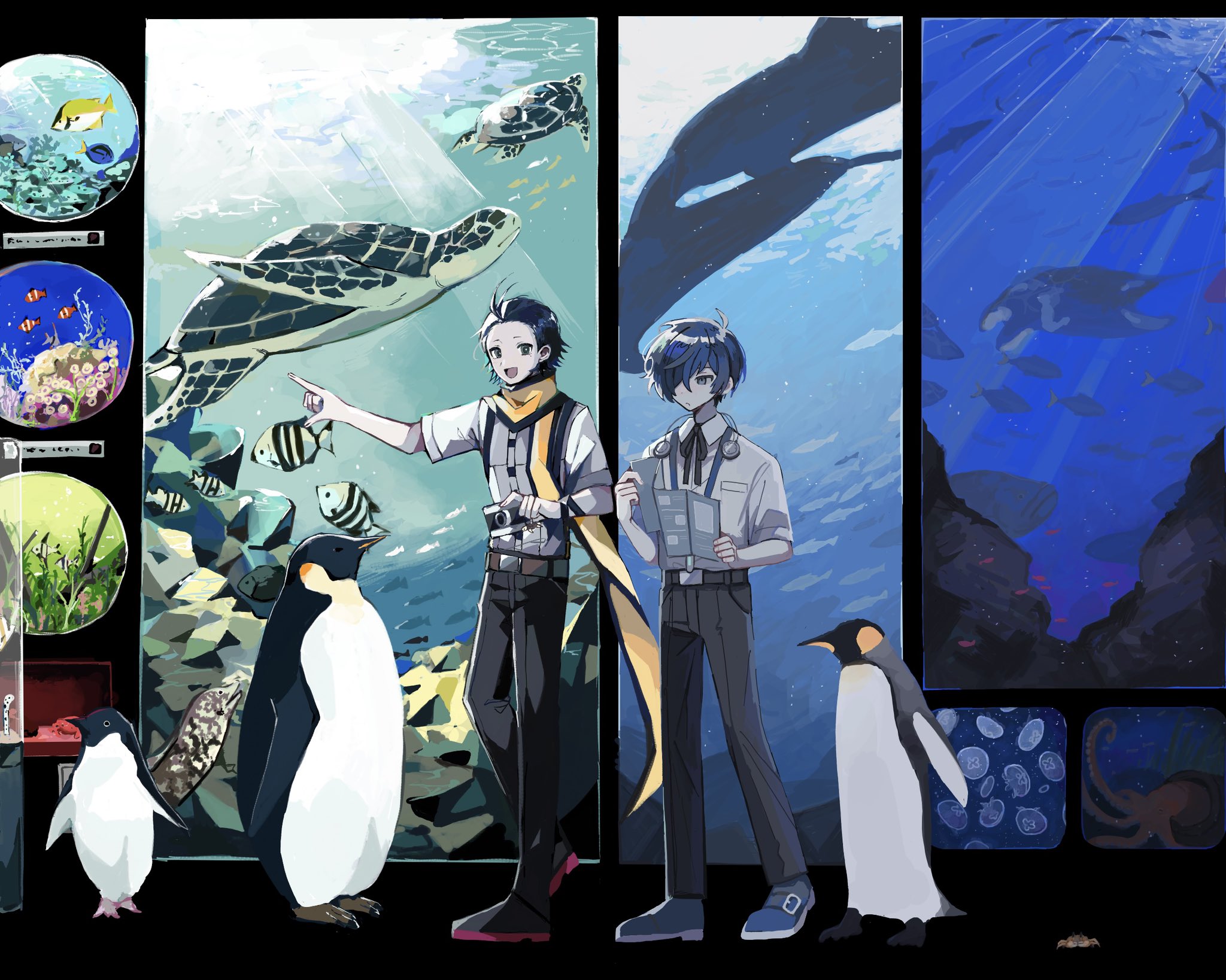 teketeke (tasutekete), mochizuki ryouji, yuuki makoto (persona 3), persona, persona 3, highres, 2boys, adelie penguin, angelfish, aquarium, belt, bird, black pants, black shoes, blue eyes, blue hair, blue shoes, camera, clownfish, collared shirt, crab, emperor penguin, fish, foxface rabbitfish, full body, garden eel, holding, holding camera, jellyfish, king penguin, knifejaw, male focus, moray eel, multiple boys, octopus, open mouth, pants, penguin, pointing, regal blue tang, scarf, sea turtle, shirt, shoes, short hair, short sleeves, smile, tropical fish, turtle, white shirt, yellow scarf
