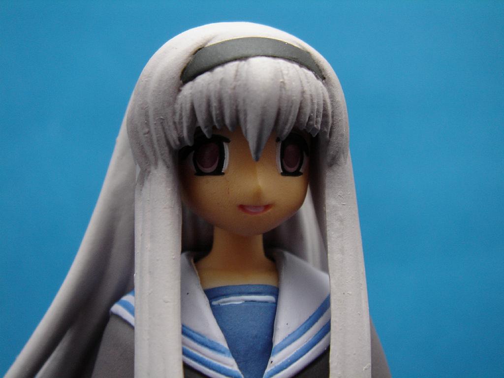 vermillion erika, mahoraba, photo (medium), 00s, 1girl, female focus, figure, gradient background, grey hair, purple eyes, school uniform, serafuku, solo