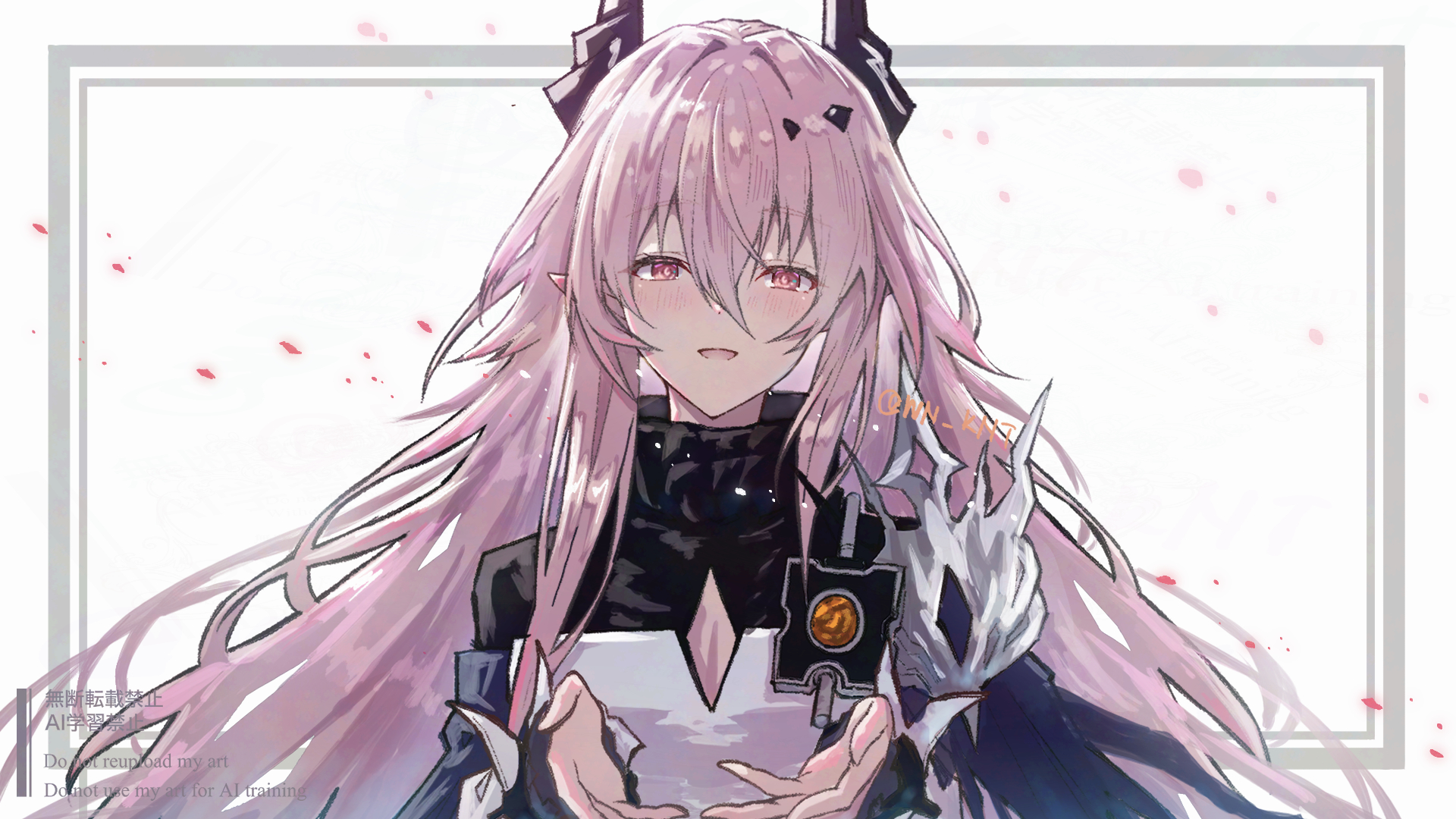 wn (wani-noko), theresa (arknights), arknights, commentary request, highres, 1girl, :d, black dress, black horns, blush, dress, falling petals, hair between eyes, horns, long bangs, long hair, long sleeves, open mouth, petals, pink eyes, pink hair, smile, solo, turtleneck, turtleneck dress, twitter username, upper body, watermark, white background, white dress