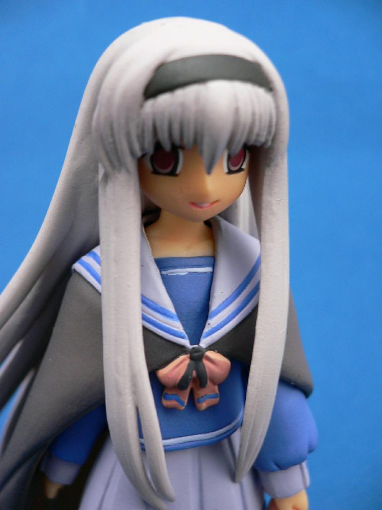 vermillion erika, mahoraba, photo (medium), 00s, 1girl, female focus, figure, gradient background, grey hair, purple eyes, school uniform, serafuku, solo
