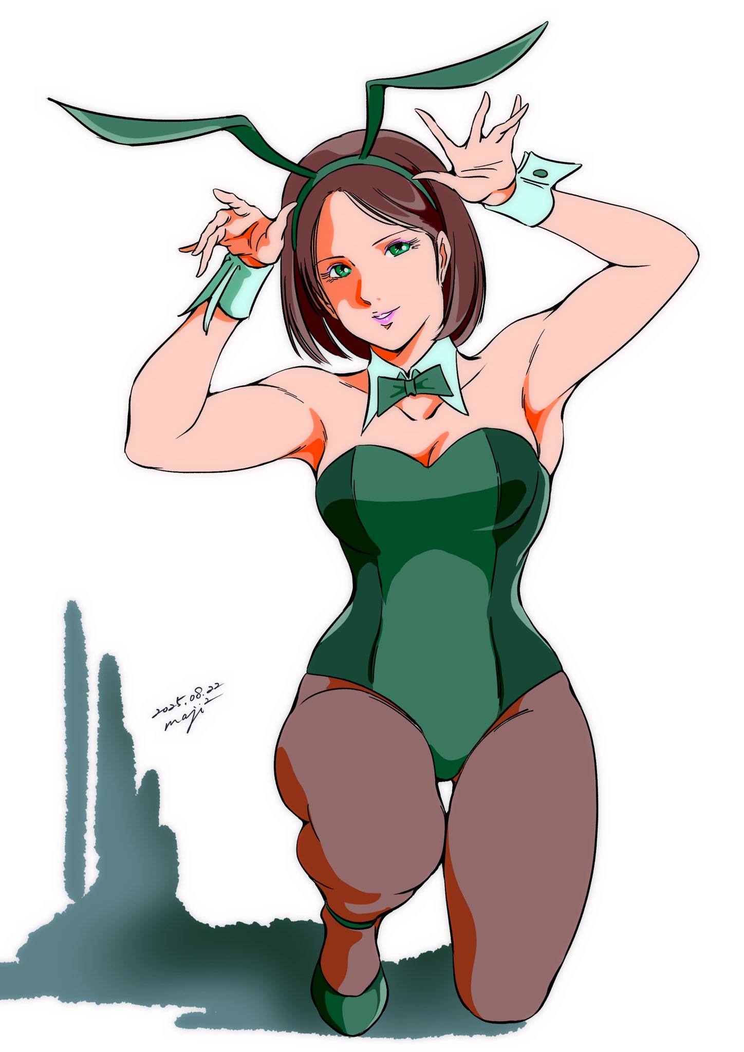 pgmajimaji, emma sheen, gundam, zeta gundam, highres, 1girl, animal ears, bare shoulders, bow, bowtie, breasts, brown hair, bunny day, detached collar, fake animal ears, fishnet pantyhose, fishnets, green eyes, green leotard, leotard, lipstick, looking at viewer, makeup, pantyhose, playboy bunny, rabbit ears, short hair, smile, solo, strapless, strapless leotard, traditional bowtie, wrist cuffs