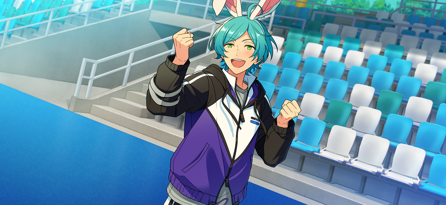 shinkai kanata, ensemble stars!, official art, third-party source, 1boy, ahoge, animal ears, arm up, athletic atmos (ensemble stars!), blue hair, chair, clenched hands, drawstring, fake animal ears, green eyes, hand up, jacket, long sleeves, male focus, open mouth, rabbit ears, short hair, solo, stairs, teeth, upper body, upper teeth only, zipper pull tab