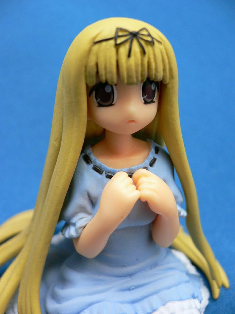 shiratori ryuuko, mahoraba, photo (medium), 00s, 1boy, blonde hair, brown eyes, dress, figure, kneeling, male focus, no humans, solo, trap