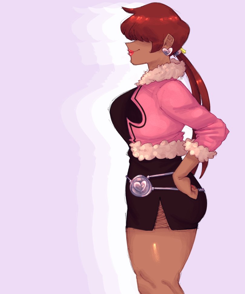 1shermieaday, shermie (kof), the king of fighters, 1girl, ass, breasts, coat, curvy, dark-skinned female, dark skin, dress, earrings, fishnets, fluffy, heart, huge ass, huge breasts, jewelry, large breasts, long hair, marellartt, muscular, muscular female, ponytail, red hair, skirt, smile, standing, tan, thick lips, thick thighs, thighs, twintails, wide hips