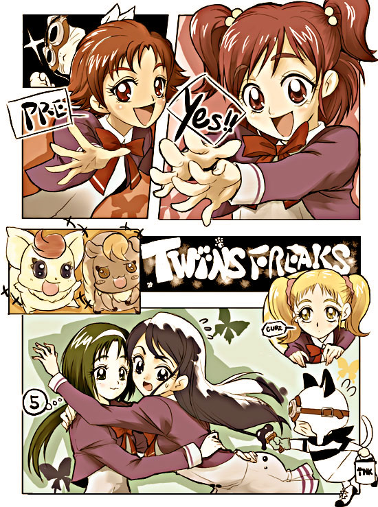 akimoto komachi, coco (precure 5), kasugano urara (yes! precure 5), minazuki karen, natsuki rin, nuts (yes! precure 5), yumehara nozomi, precure, yes! precure 5, tagme, 00s, blonde hair, yellow eyes
