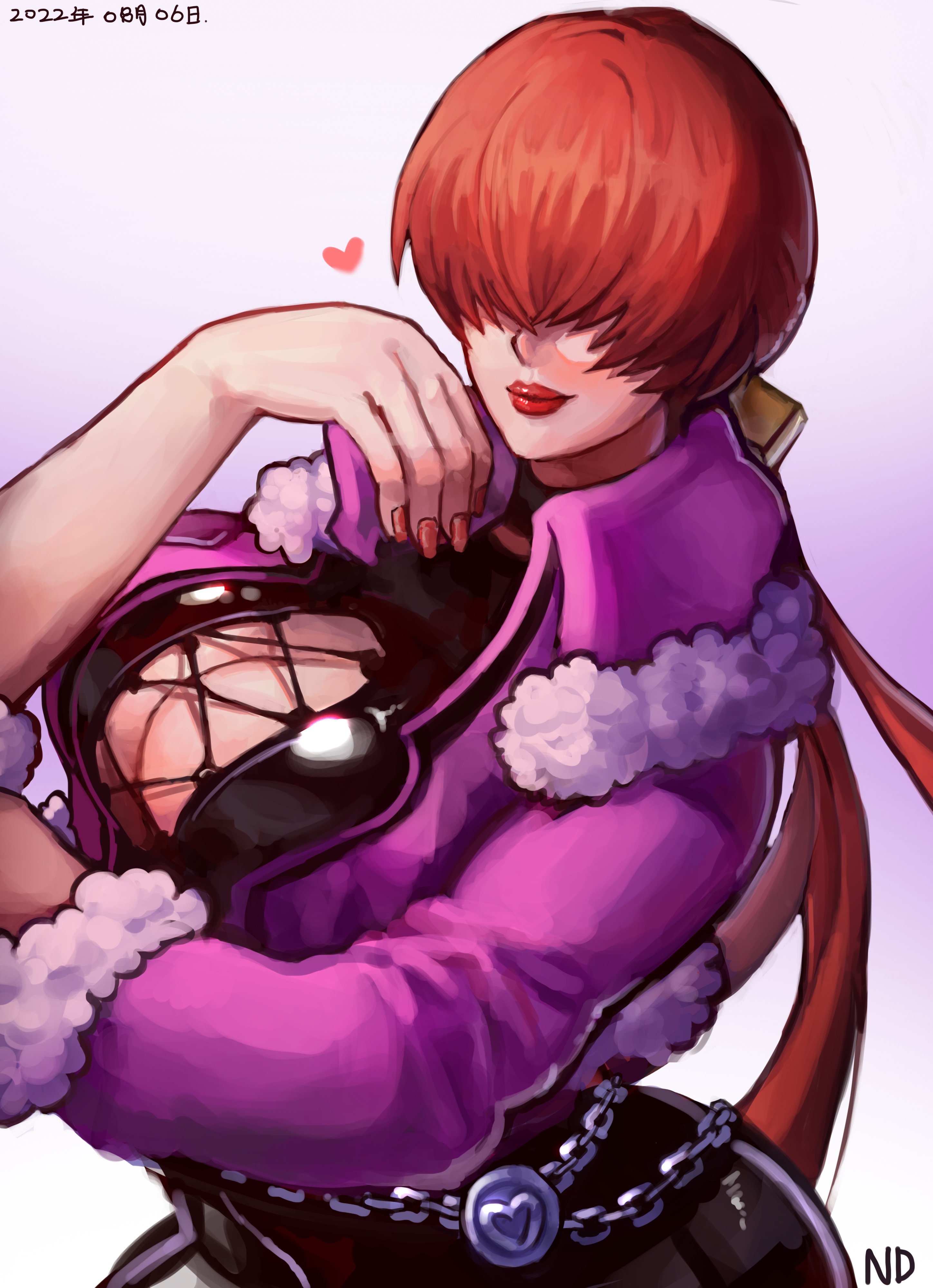 shermie (kof), the king of fighters, 1girl, ass, breasts, cleavage cutout, clothing cutout, curvy, dress, fishnets, fluffy, heart, huge ass, huge breasts, jacket, large breasts, long hair, nd 1229, ponytail, red hair, shiny clothes, smile, thick lips, thick thighs, thighs, twintails, wide hips
