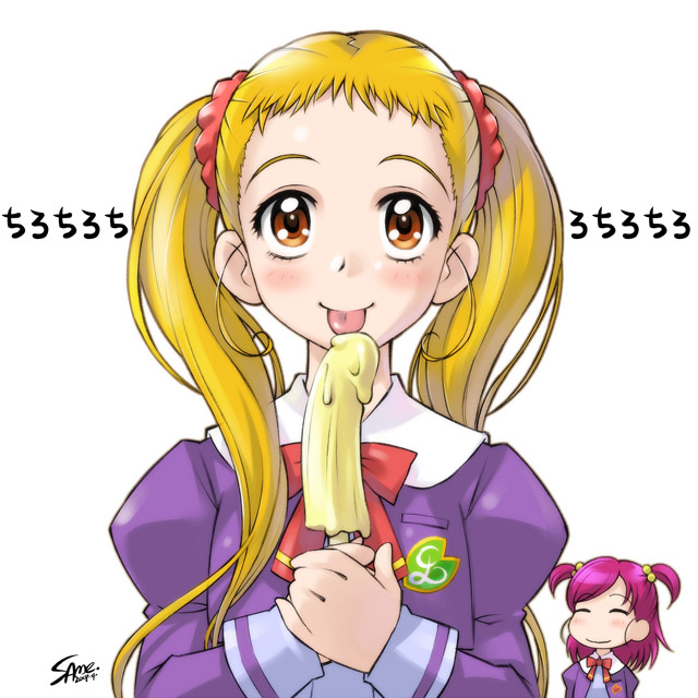 sameha ikuya, kasugano urara (yes! precure 5), yumehara nozomi, precure, yes! precure 5, tagme, 00s, banana popsicle, blonde hair, blush, popsicle, sexually suggestive, yellow eyes