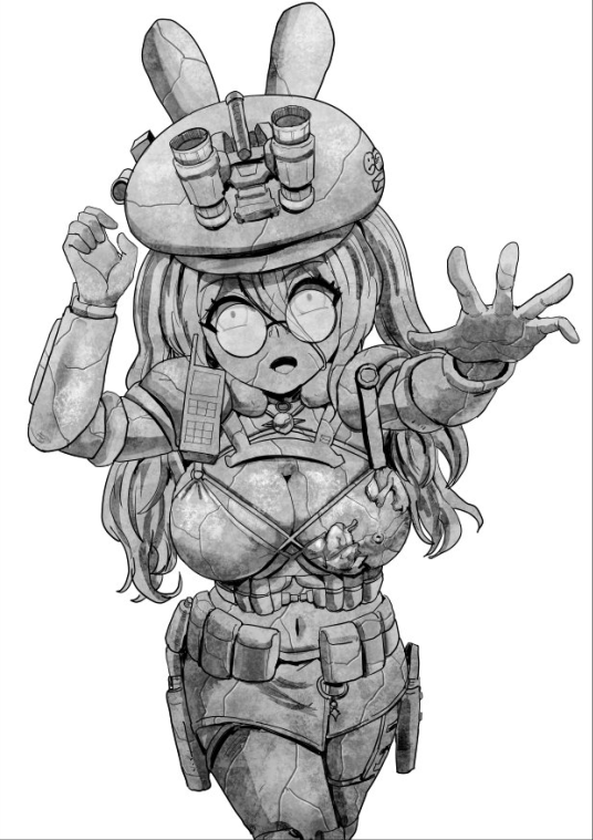 lotusgun, armor, belt, blush, breasts, cleavage, cowboy shot, female focus, fingerless gloves, gloves, greyscale, hat, helmet, large breasts, long hair, looking at viewer, monochrome, navel, open mouth, petrification, pouch, scar, simple background, solo, statue, stone statue, teeth, torn clothes, weapon, white background, wide-eyed
