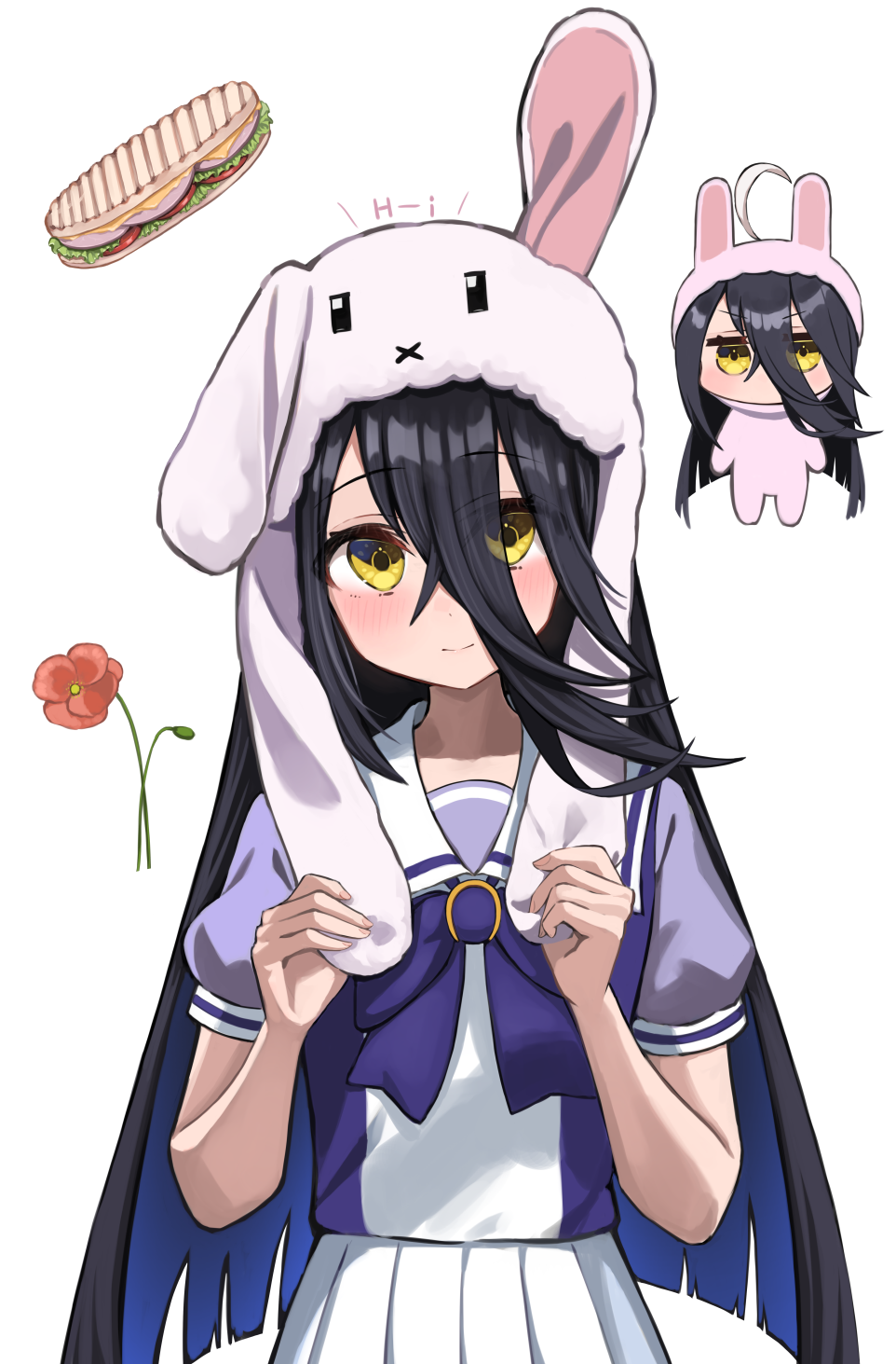kuronosu (yamada1230), manhattan cafe (umamusume), umamusume, flower request, highres, 1girl, ahoge, animal costume, animal ear headwear, animal ears, black hair, blue hair, bow, bowtie, closed mouth, colored inner hair, cross-laced hairband, fake animal ears, flower, hair through headwear, light blush, long hair, looking at viewer, multicolored hair, multiple views, puffy short sleeves, puffy sleeves, purple bow, purple bowtie, purple shirt, rabbit costume, rabbit ears, red flower, sailor collar, shirt, shirt tucked in, short sleeves, simple background, skirt, smile, two-tone shirt, very long hair, white background, white hair, white sailor collar, white skirt, yellow eyes