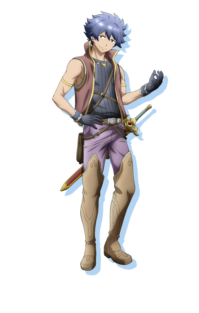 farmagia, official art, 1boy, anime coloring, belt, belt pouch, black gloves, black shirt, blue hair, boots, brown belt, brown boots, closed mouth, collared jacket, full body, gloves, hair between eyes, hand on own hip, hand up, head tilt, holding, holding sword, holding weapon, iizumi toshiomi, jacket, jewelry, looking at viewer, necklace, pants, pouch, purple pants, red jacket, rey (farmagia), scabbard, sheath, sheathed, shirt, simple background, sleeveless, sleeveless jacket, sleeveless shirt, smile, solo, standing, sword, thigh boots, transparent background, weapon