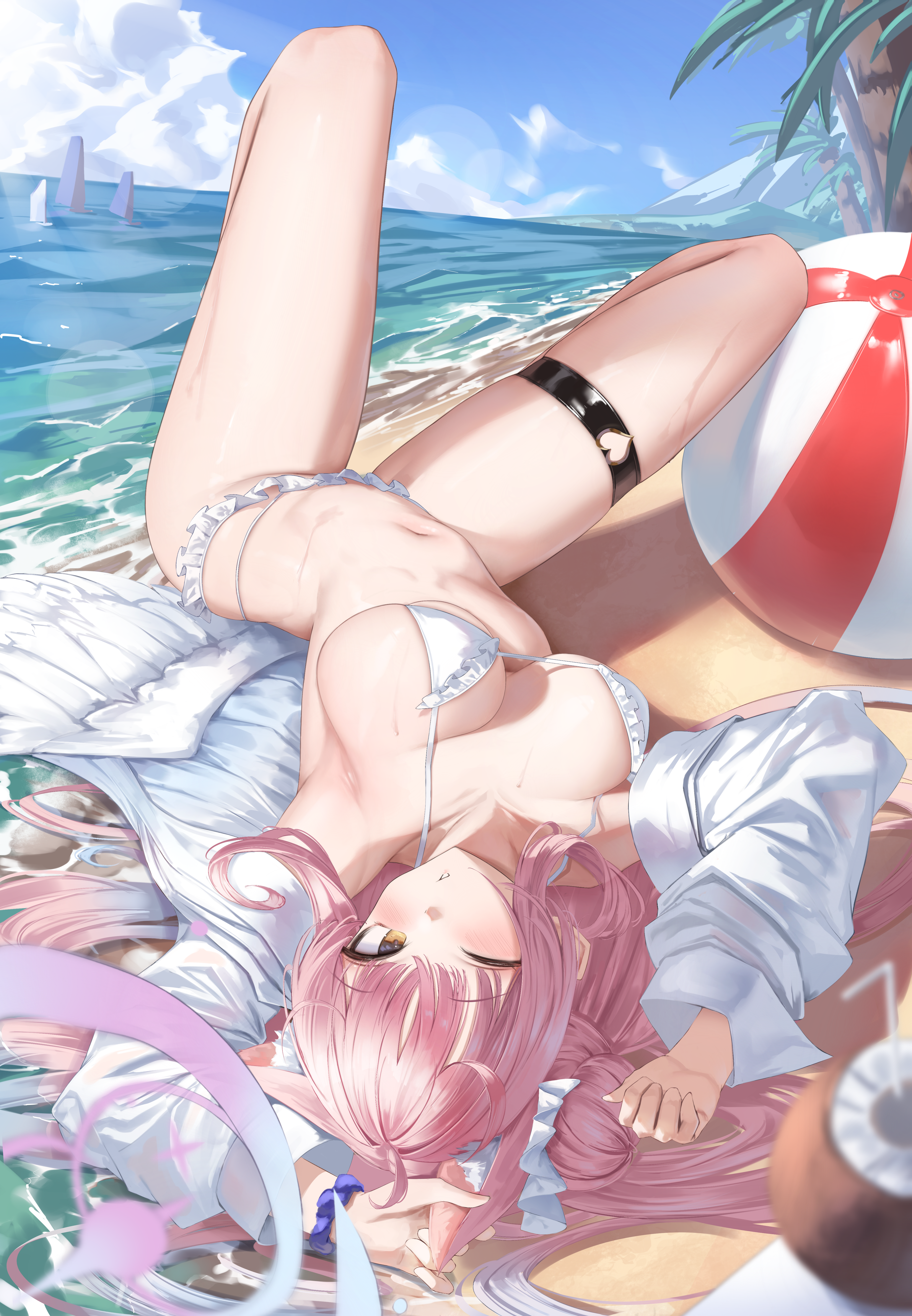hong (vsak3373), mika (blue archive), mika (swimsuit) (blue archive), blue archive, absurdres, highres, 1girl, ball, bare arms, beach, beachball, bikini, blue sky, blush, breasts, cleavage, day, feathered wings, halo, heart, heart o-ring, horizon, jacket, knees up, large breasts, long hair, long sleeves, looking at viewer, low wings, lying, multi-strapped bikini bottom, o-ring, o-ring thigh strap, ocean, official alternate costume, on back, on ground, one eye closed, open clothes, open jacket, outdoors, pink hair, pink halo, sky, solo, swimsuit, thigh strap, thighs, upside-down, white bikini, white jacket, white wings, wings, yellow eyes