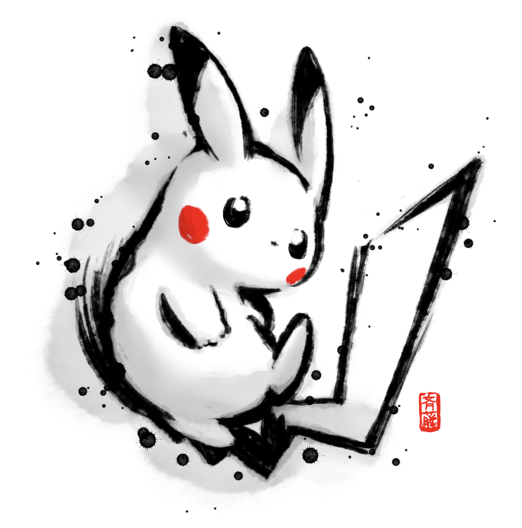 saitou kouki, pikachu, nintendo, pokemon, clip studio paint (medium), commentary request, highres, dot nose, full body, gen 1 pokemon, no humans, no mouth, pokemon (creature), pokemon focus, simple background, solo, spot color, white background
