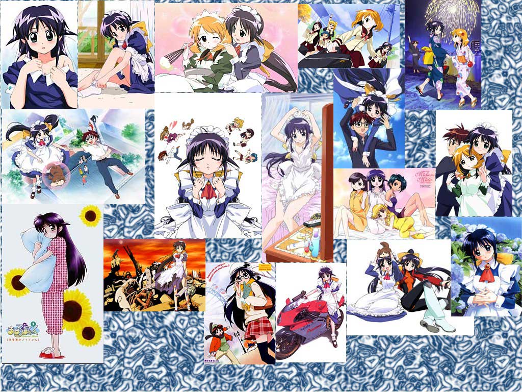 andou mahoro, andou minawa, hamaguchi toshiya, kawahara kiyomi, misato suguru, ooe chizuko, sakura miyuki, shikijou saori, todoriki rin, mahoromatic, vehicle, blonde hair, blue hair, brown hair, glasses, green eyes, gun, japanese clothes, kimono, maid, motor vehicle, motorcycle, school uniform, serafuku, weapon, yellow eyes