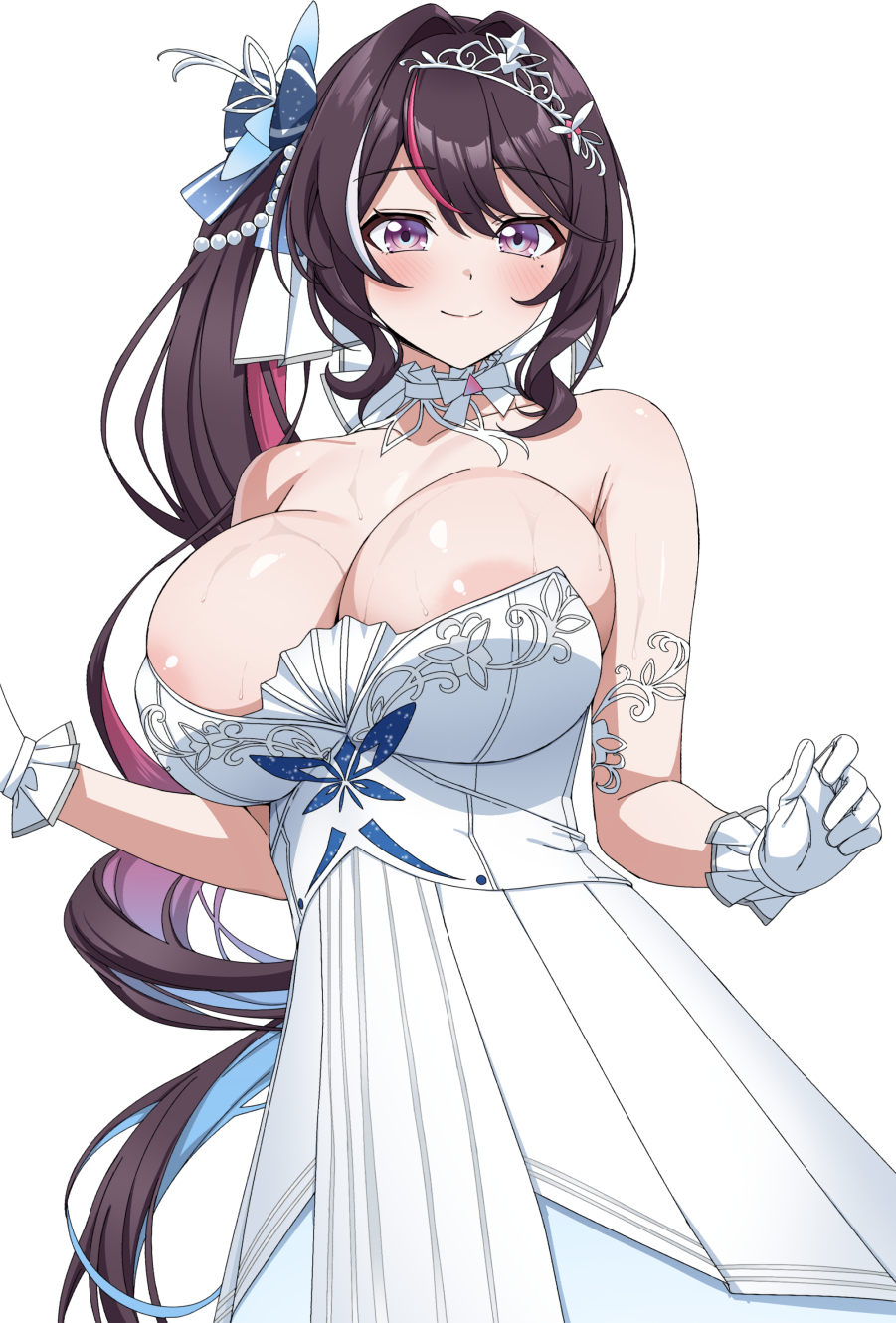 fuooooo, azki (hololive), hololive, commission, highres, pixiv commission, 1girl, areola slip, armpit crease, bare shoulders, blue bow, blue hair, blush, bow, breasts, brown hair, choker, closed mouth, dress, gloves, gradient hair, hair bow, hair intakes, hair ribbon, large breasts, long hair, looking at viewer, mole, mole under eye, multicolored hair, pink eyes, pink hair, ribbon, side ponytail, simple background, smile, solo, streaked hair, striped bow, sweat, tiara, virtual youtuber, white background, white choker, white dress, white gloves, white ribbon, white tiara