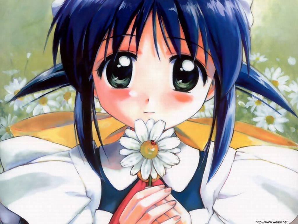 andou mahoro, mahoromatic, tagme, blue hair, blush, flower, green eyes, maid