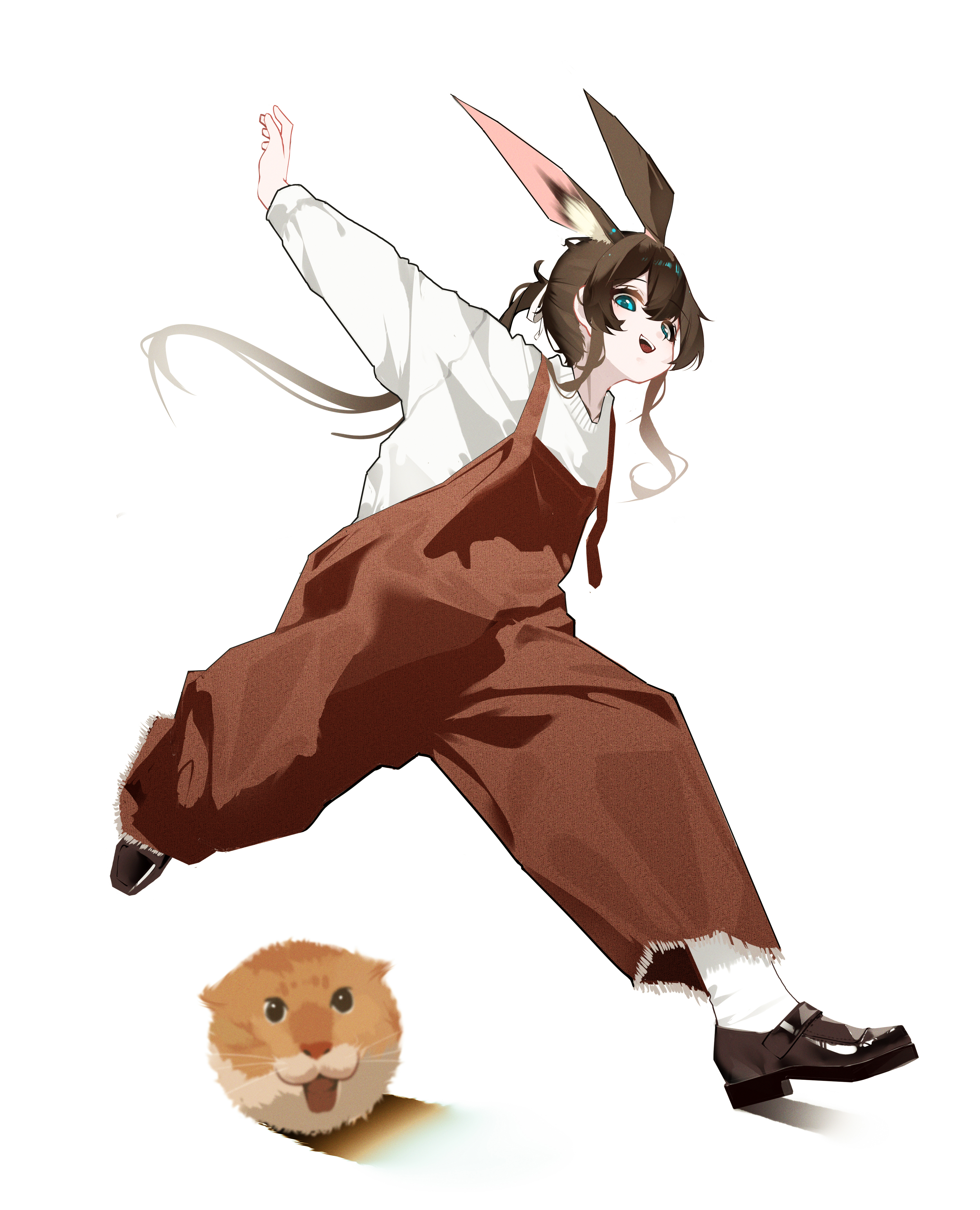 shenmi de xigua, amiya (arknights), arknights, absurdres, chinese commentary, commentary request, highres, 1girl, :d, alternate costume, animal, animal ear fluff, animal ears, aqua eyes, arm behind back, black shoes, brown hair, brown overalls, hair between eyes, long hair, long sidelocks, looking at viewer, open mouth, overalls, ponytail, rabbit ears, rabbit girl, running, shoes, sidelocks, smile, socks, sweater, teeth, upper teeth only, white socks, white sweater