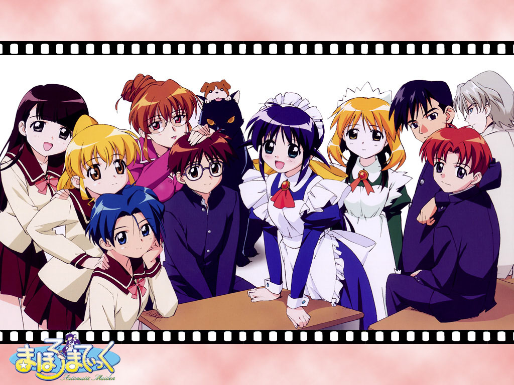 andou mahoro, andou minawa, hamaguchi toshiya, kawahara kiyomi, misato suguru, ooe chizuko, sakura miyuki, shikijou saori, todoriki rin, mahoromatic, blonde hair, blue eyes, blue hair, brown eyes, brown hair, green eyes, maid, school uniform, serafuku, slashing, yellow eyes
