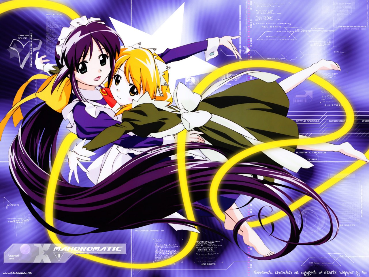 andou mahoro, andou minawa, mahoromatic, blonde hair, blue hair, green eyes, maid, yellow eyes