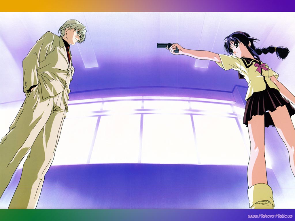 andou mahoro, ryuuga tou, mahoromatic, yellow legwear, 1boy, 1girl, aiming, android, blue hair, braid, ceiling, ceiling light, formal clothes, from below, green eyes, gun, handgun, hands in pockets, indoors, long hair, panties, pantyshot, pleated skirt, school uniform, serafuku, shirt, short hair, short sleeves, single braid, skirt, socks, standing, teacher, underwear, watermark, weapon, web address, white hair, white panties, window, yellow shirt