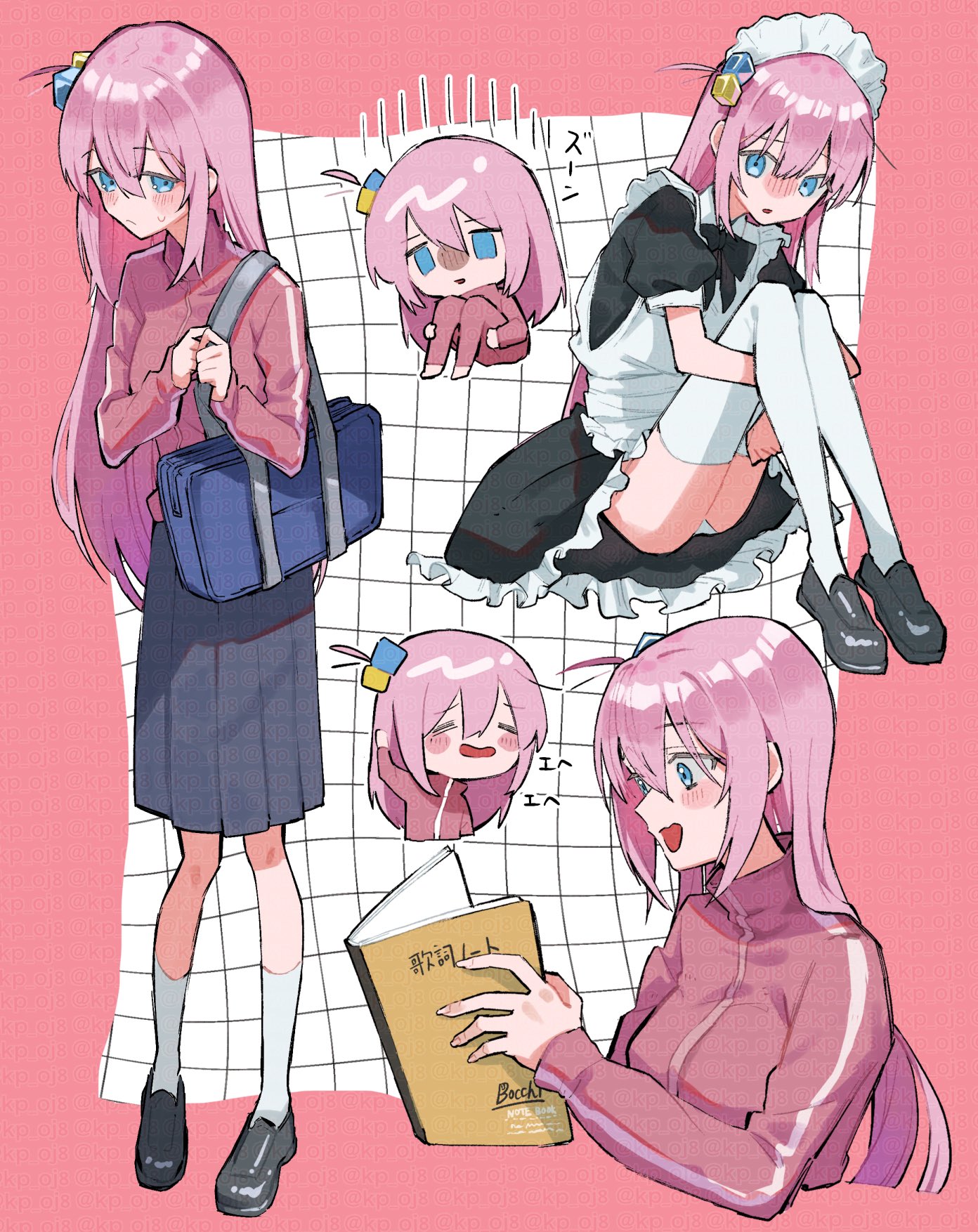 scripco, gotoh hitori, bocchi the rock!, highres, apron, blue eyes, book, chibi, cube hair ornament, grid background, hair ornament, jacket, loafers, maid, maid apron, maid headdress, multiple views, panties, panty peek, pink hair, pink jacket, pink track suit, pleated skirt, reading, shoes, skirt, smile, sweatdrop, thighhighs, track suit, underwear, white thighhighs