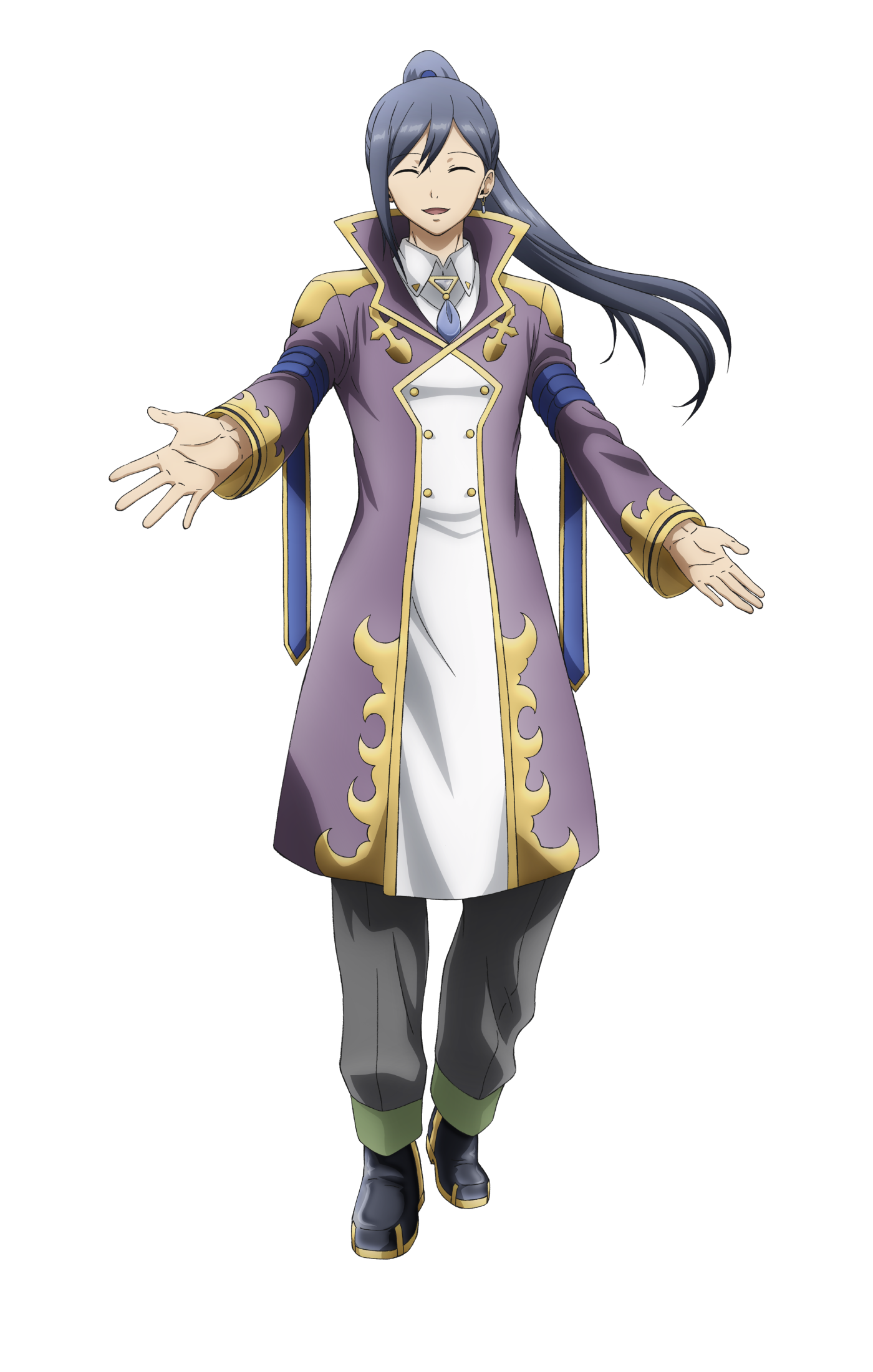 anzar (farmagia), farmagia, highres, official art, 1boy, ^ ^, anime coloring, ascot, black boots, blue ascot, blue sash, boots, closed eyes, coat, collared shirt, earrings, full body, grey pants, high collar, iizumi toshiomi, jewelry, long hair, long sleeves, looking at viewer, open hands, open mouth, outstretched arms, palms, pants, ponytail, purple coat, reaching, reaching towards viewer, sash, shirt, simple background, single sidelock, smile, solo, spread fingers, standing, transparent background, white shirt