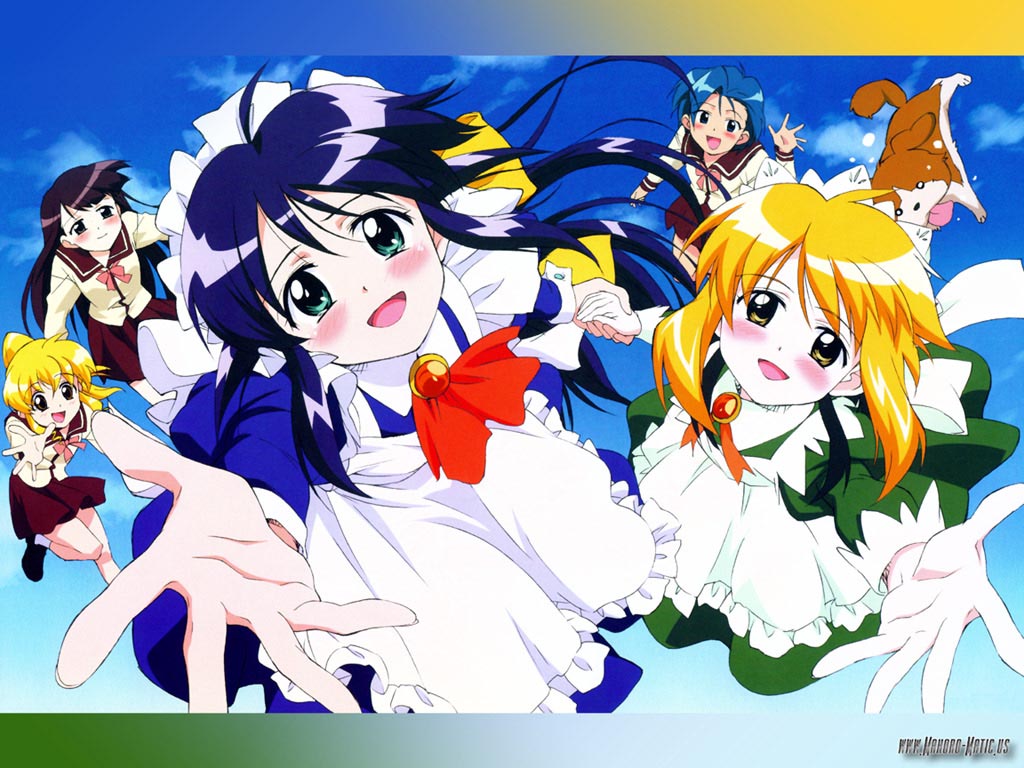 andou mahoro, andou minawa, ooe chizuko, sakura miyuki, todoriki rin, mahoromatic, blonde hair, blue hair, brown hair, green eyes, maid, school uniform, serafuku, yellow eyes