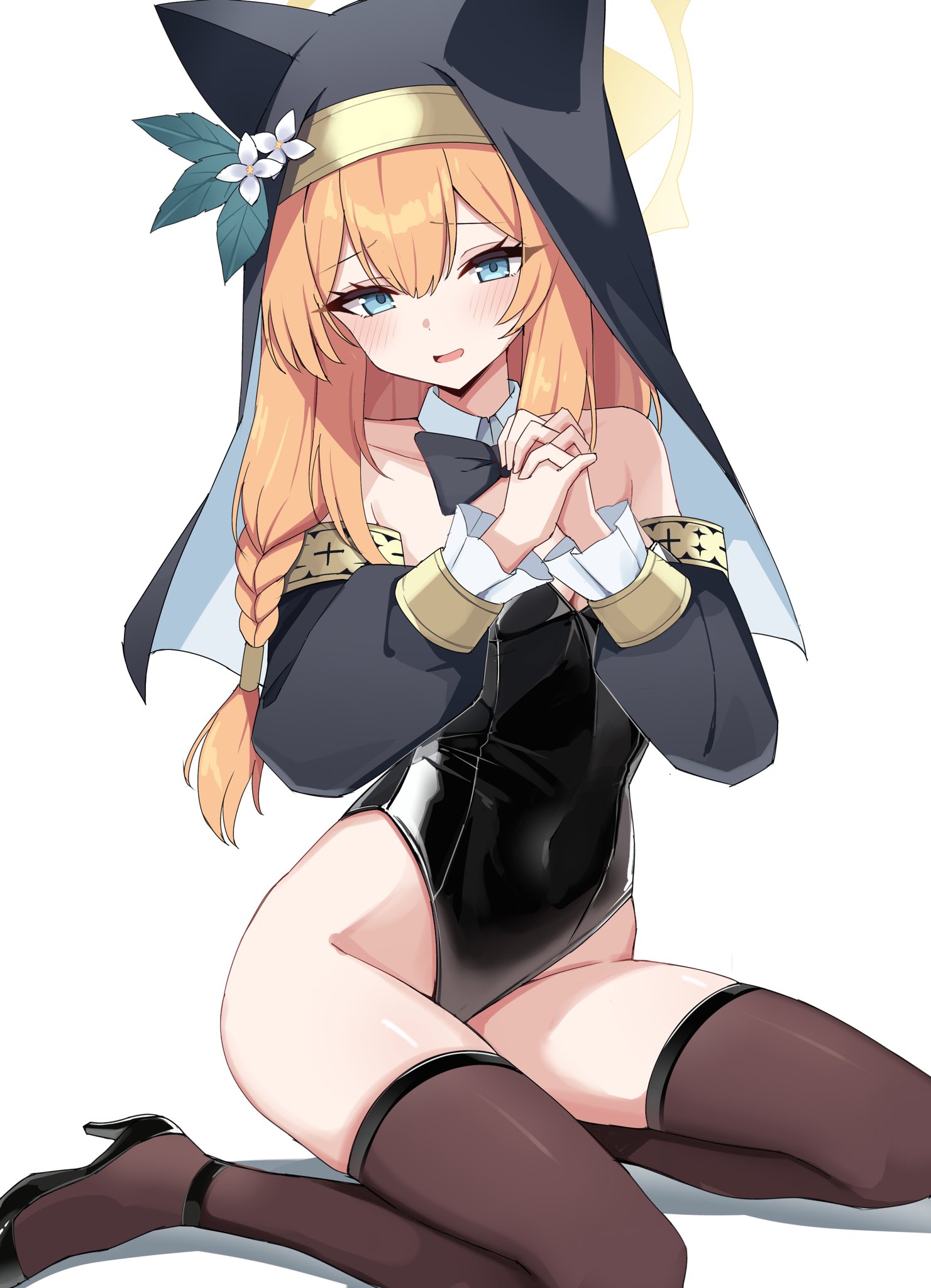 shinonome shino (artist), mari (blue archive), blue archive, highres, 1girl, animal ears, bare shoulders, black leotard, black shoes, black thighhighs, black veil, blue eyes, breasts, cat ears, covered navel, hair between eyes, halo, high heels, highleg, highleg leotard, leotard, orange hair, shoes, simple background, small breasts, solo, thighhighs, thighs, veil, white background, yellow halo
