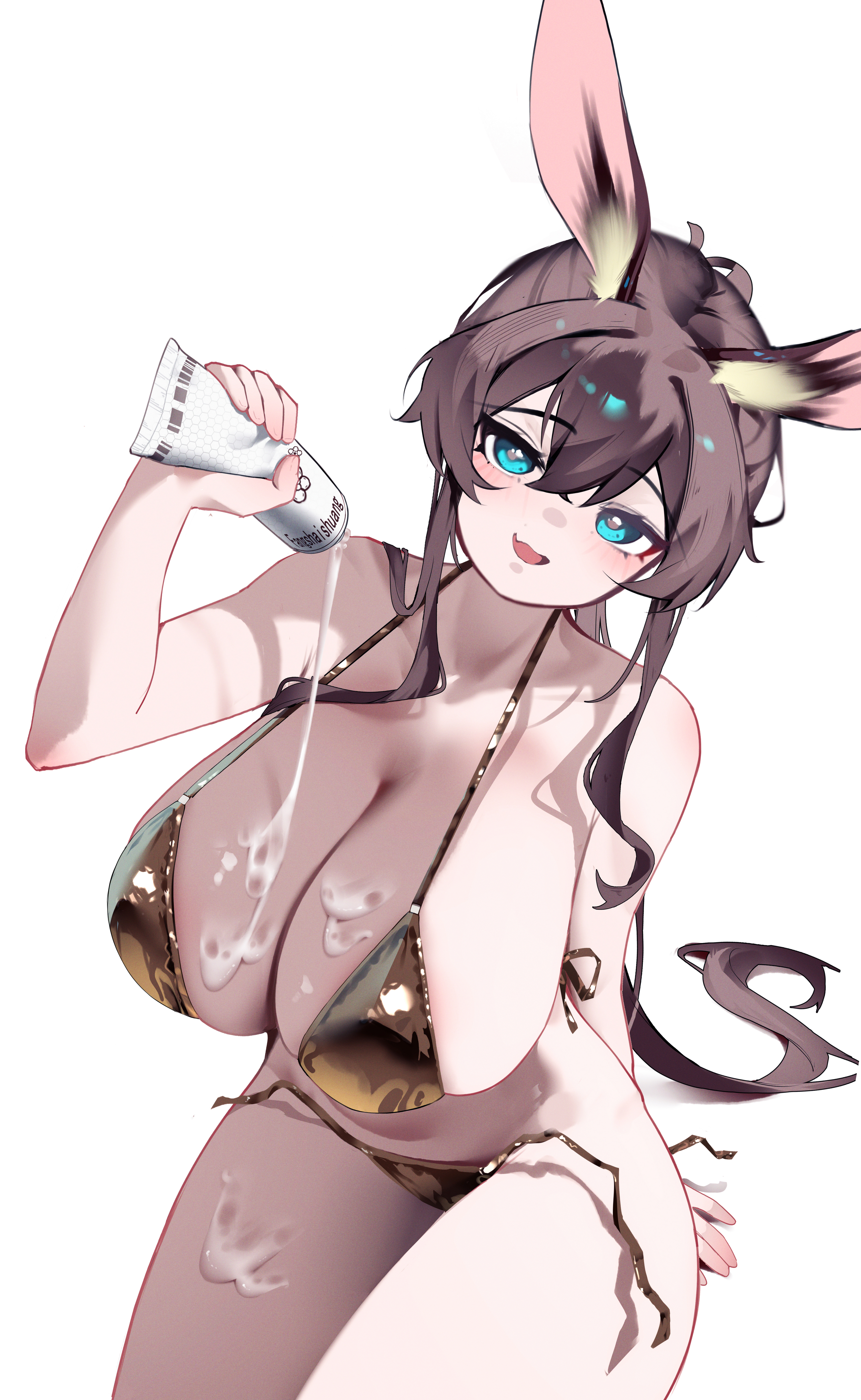 shenmi de xigua, amiya (arknights), arknights, absurdres, highres, 1girl, alternate breast size (larger), alternate costume, animal ear fluff, animal ears, applying sunscreen, aqua eyes, arm behind back, arm up, bikini, blush, breasts, cleavage, collarbone, cowboy shot, gold bikini, hair between eyes, hair over shoulder, holding sunscreen, huge breasts, long sidelocks, looking at viewer, lotion, open mouth, rabbit ears, rabbit girl, sidelocks, simple background, sitting, string bikini, sunscreen, swimsuit, thighs, white background, wide hips