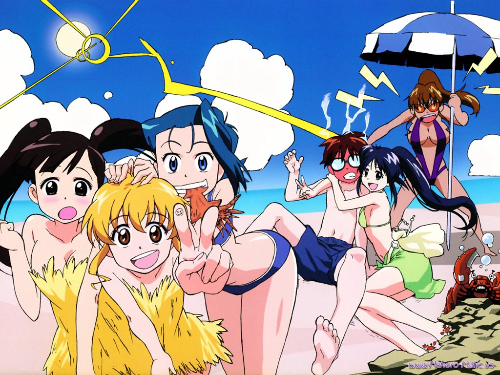 andou mahoro, misato suguru, ooe chizuko, sakura miyuki, shikijou saori, todoriki rin, mahoromatic, blue eyes, blue hair, brown eyes, brown hair, green eyes, swimsuit