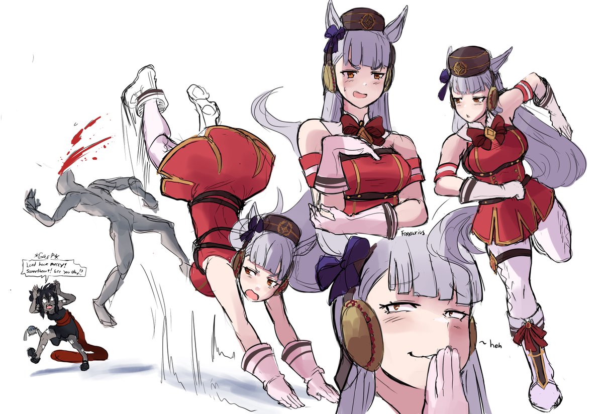foxxarius, gold ship (umamusume), umamusume, 1boy, 2girls, animal ears, armband, black hair, blood, boots, bow, chest harness, colored skin, dress, ear bow, ear covers, english text, grey hair, grey skin, handstand, harness, horse ears, horse girl, horse tail, kicking, leaning forward, long hair, looking at another, looking at viewer, multiple girls, multiple views, orange eyes, pantyhose, pillbox hat, raised inner eyebrows, running, shirt, shorts, simple background, sketch, sleeveless, sleeveless dress, sleeveless shirt, smile, surprised, tail, troll face, v-shaped eyebrows, very long hair