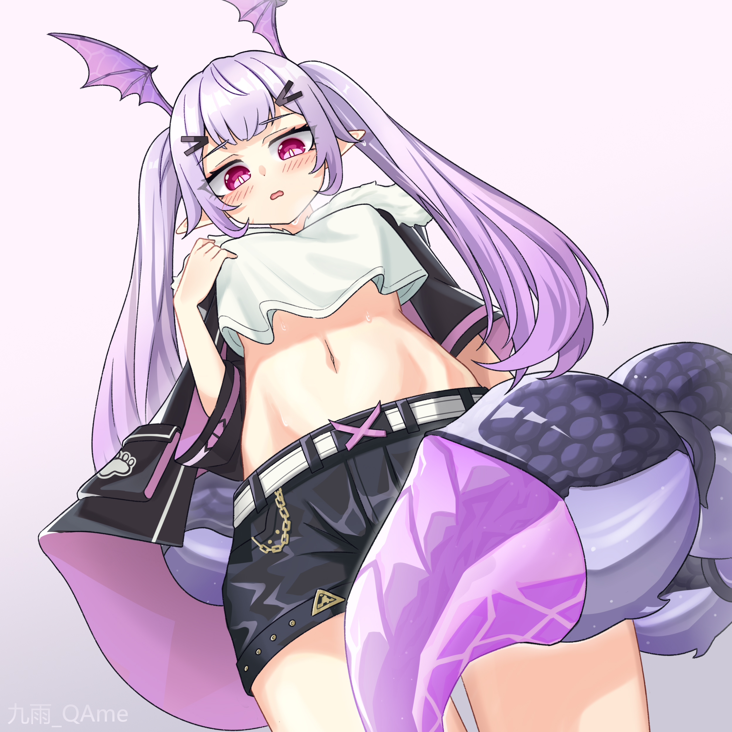 jiuyu qame, manticore (arknights), arknights, absurdres, chinese commentary, commentary, highres, 1girl, artist name, belt, black shorts, blush, breasts, breath, chain, cowboy shot, crop top, crop top overhang, from below, gold chain, hair ornament, hairclip, hand up, head wings, long hair, looking at viewer, medium breasts, midriff, navel, open mouth, pink background, pink eyes, pointy ears, purple hair, purple wings, scorpion tail, short shorts, shorts, solo, standing, sweat, tail, white belt, wings