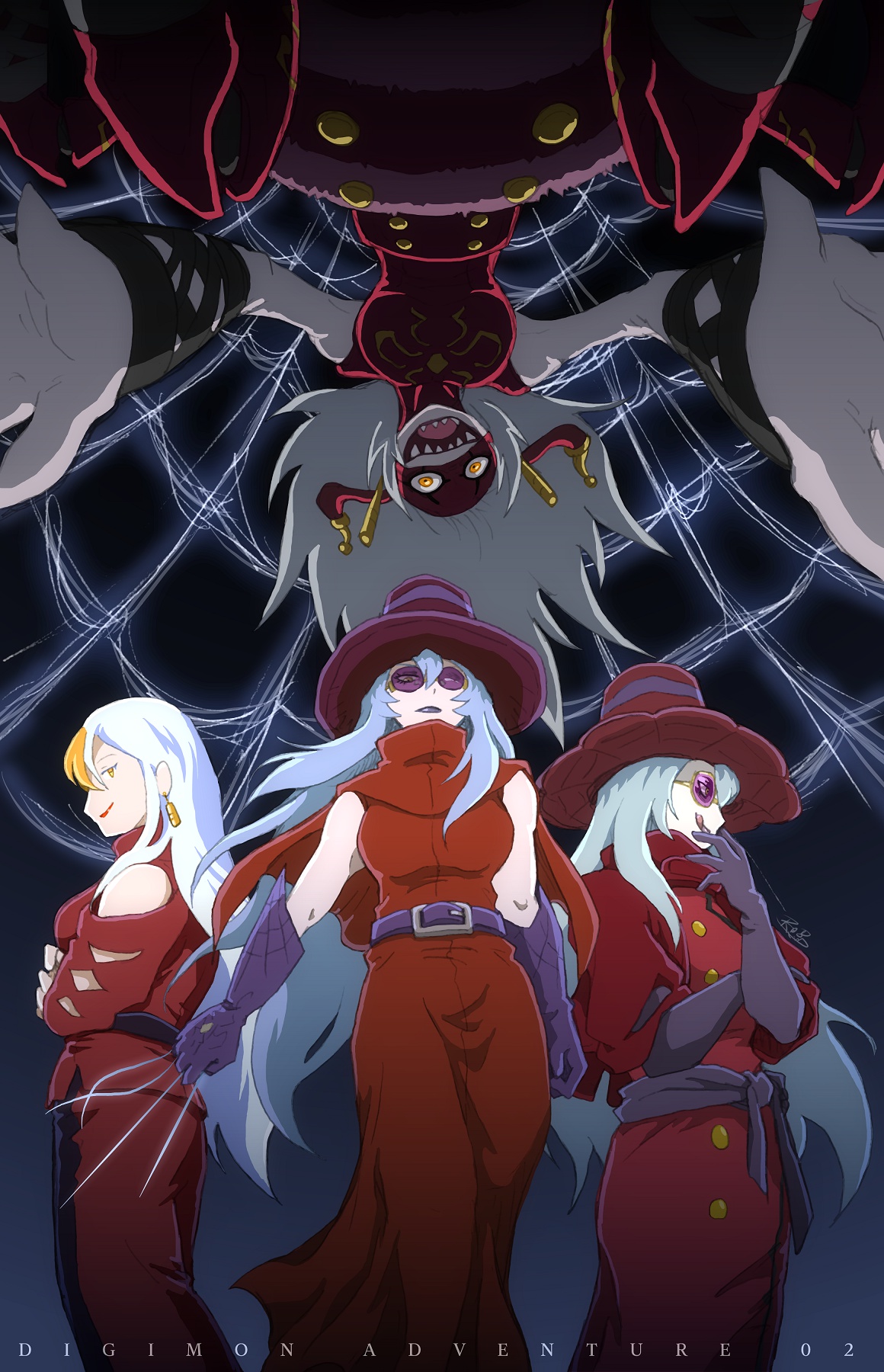 amatera, archnemon, digimon, digimon adventure 02, digimon ghost game, digimon survive, highres, 4girls, arthropod girl, bare shoulders, blonde hair, blue lips, breasts, cowboy shot, digimon (creature), dress, earrings, grey hair, group picture, hat, insect girl, jewelry, large breasts, long hair, multicolored hair, multiple girls, pants, red dress, red hat, red lips, red pants, red sweater, sharp teeth, spider girl, streaked hair, sunglasses, sweater, teeth, two-tone hair, upside-down