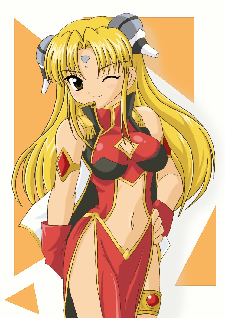 ranpha franboise, galaxy angel, 00s, 1girl, blonde hair, blush, brown eyes, cleavage cutout, clothing cutout, facial mark, female focus, forehead mark, gloves, hand on own hip, long hair, looking at viewer, navel cutout, one eye closed, pelvic curtain, side slit, simple background, smile, solo, very long hair, wink