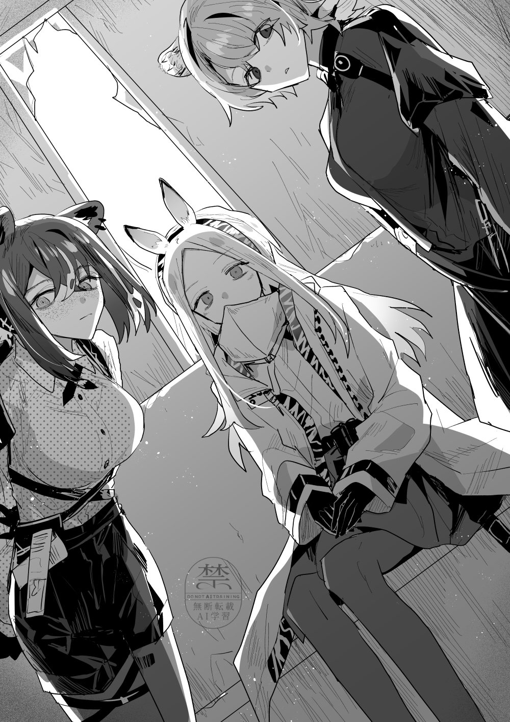 iwashi 80, robin (arknights), arknights, highres, 3girls, animal ears, bear ears, bear girl, breasts, broken window, collared shirt, creator connection, freckles, gloves, gorget, greyscale, indoors, large breasts, long hair, looking at viewer, monochrome, multiple girls, open mouth, pantyhose, raccoon ears, raccoon girl, shirt, shorts, sitting, skirt, zebra ears, zebra girl