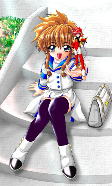 hikaru (angelic layer), suzuhara misaki, angelic layer, brown hair, green eyes, pink hair, school uniform, serafuku, thighhighs