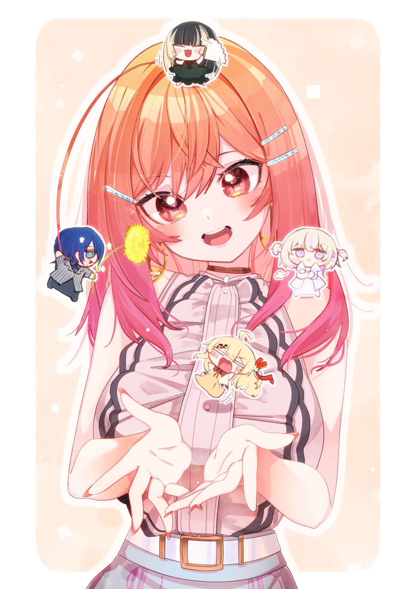 unier, hiodoshi ao, ichijou ririka, juufuutei raden, otonose kanade, todoroki hajime, hololive, hololive dev is, regloss (hololive), highres, 5girls, ahoge, belt, black hair, blonde hair, blue eyes, blue hair, buttons, chibi, closed eyes, flower, gradient hair, hair ornament, hairpin, holding, holding flower, multicolored hair, multiple girls, open mouth, orange hair, pink hair, purple eyes, red eyes, red nails, shirt, sleeveless, sleeveless shirt, streaked hair, virtual youtuber, white belt, yellow flower