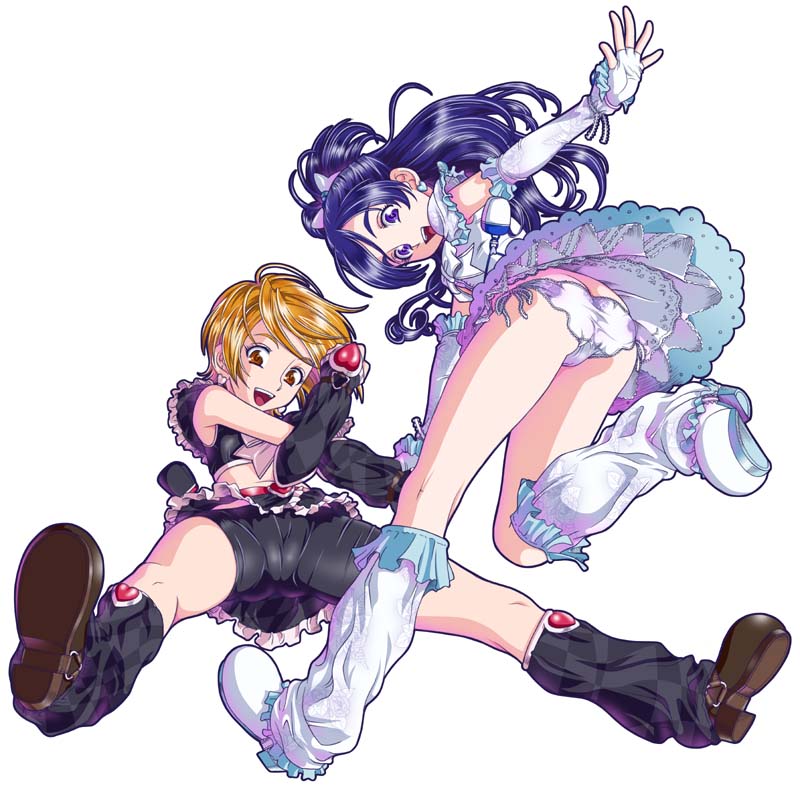 cure black, cure white, misumi nagisa, yukishiro honoka, futari wa precure, precure, 00s, ass, bike shorts, blue eyes, blue hair, brown eyes, brown hair, butt crack, cameltoe, heart, panties, underwear, white panties