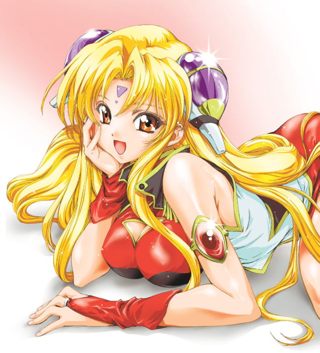 ranpha franboise, galaxy angel, artist request, 00s, 1girl, bare legs, bare shoulders, blonde hair, bracelet, breasts, brown eyes, cleavage cutout, clothing cutout, dress, facial mark, female focus, forehead mark, gloves, gradient background, hair ornament, hairclip, happy, head rest, impossible clothes, impossible dress, jewelry, large breasts, long hair, looking at viewer, open mouth, orange eyes, simple background, smile, solo, very long hair