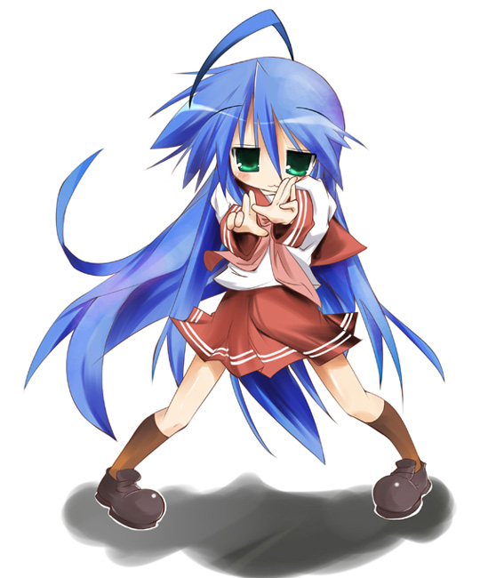 yamaguchi shinnosuke, izumi konata, lucky star, 00s, 1girl, ahoge, blue hair, brown shoes, brown socks, female focus, full body, green eyes, kneehighs, legs apart, long hair, long sleeves, looking at viewer, outstretched arms, pigeon-toed, pleated skirt, purple hair, red skirt, school uniform, serafuku, shoes, simple background, skirt, socks, solo, standing, very long hair, white background