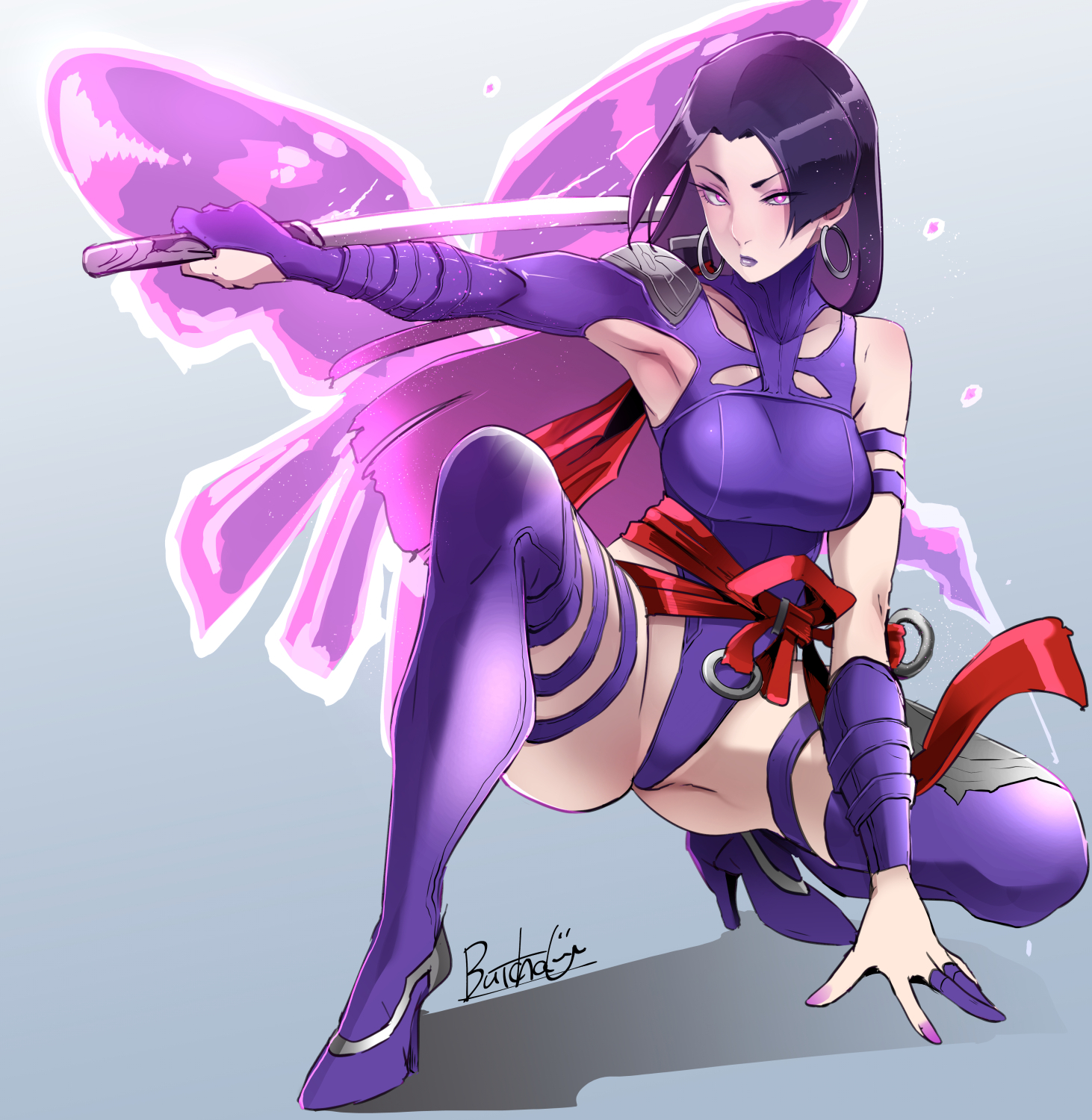 butcha-u, psylocke, marvel, marvel rivals, x-men, 1girl, armpits, breasts, holding, holding weapon, large breasts, leotard, long hair, spread legs, weapon