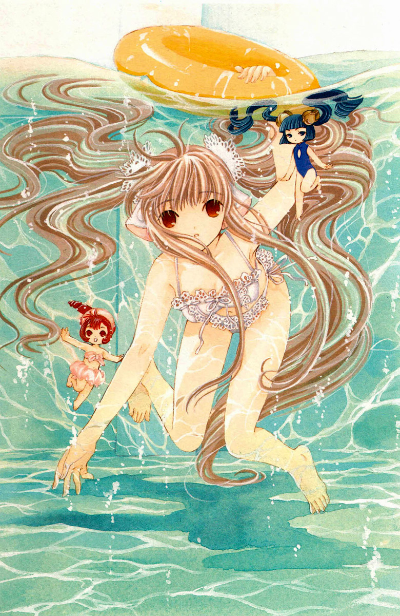 chii, kotoko, sumomo (chobits), chobits, highres, 00s, armpits, barefoot, blonde hair, blue eyes, blue hair, feet, lace, navel, red eyes, red hair, swimming, swimsuit, toes, underwater, water
